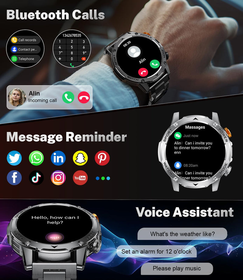 Military Smart Watches for Men(3 Bands),1000mAh/1.75" HD Large Screen Smartwatch, Flashlight/110+ Sports Modes/IP68 Waterproof/Sleep Monitor Fitness Tracker Watch for Android iOS,Gunmetal EF12-G