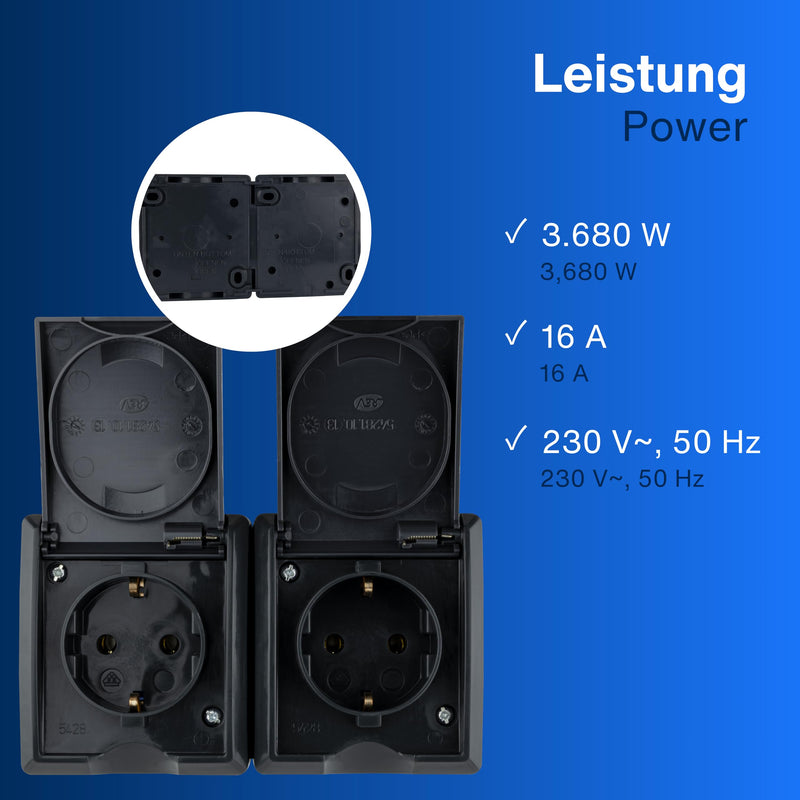 REV AquaForm Double Socket Wet Room Socket IP44 Surface-Mounted Anthracite 1 x horizontal double socket