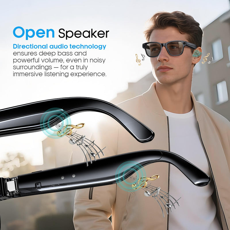 Nemheng AI Smart Glasses with 800mp Camera – Real-Time Translation in 139 Languages,1200p Video Recording,Open-Ear Audio,Object Recognition for iOS Android Glossy Black