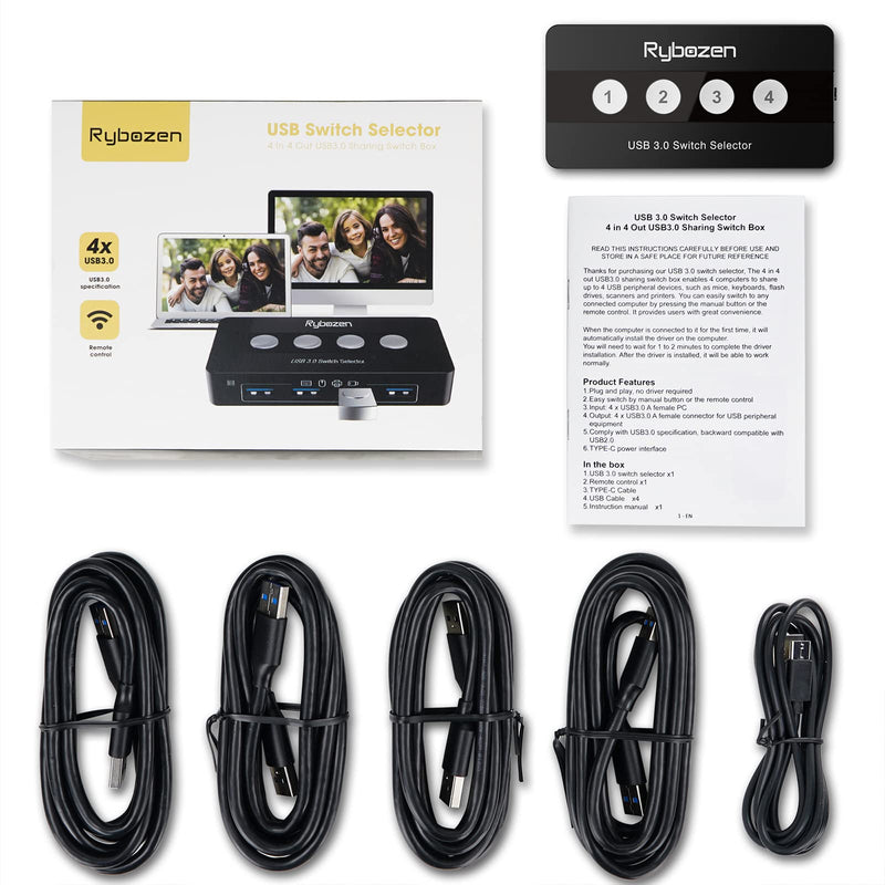 Jancane USB 3.0 Switch Selector, 4 Port KVM Switch USB Peripheral Switcher Box, 4 Computers Sharing 4 USB Devices, Button Switch & Remote Control
