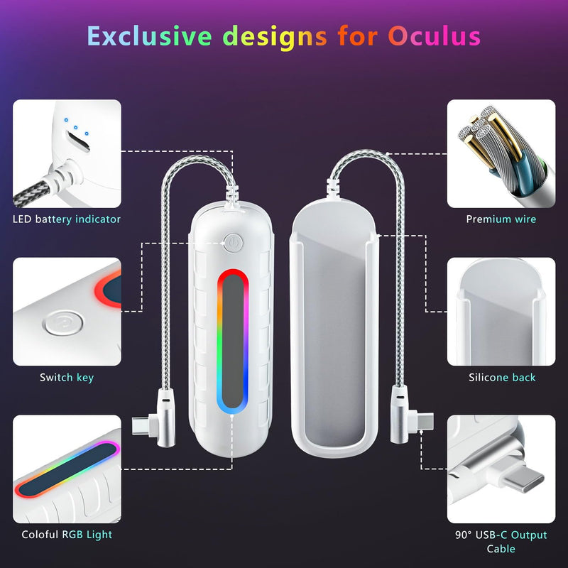 Battery Pack for Oculus Quest 2, 5000mAh Extended Power with Multi-Colors RGB Lights Compatible with Original Meta Quest 2 Head Elite Strap Extra 2-4H Playtime 2 Pack (5000mah+ 5000mah) 2 battery packs