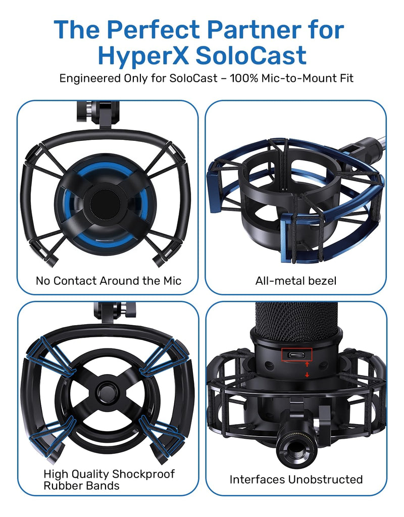 Custom Built for HyperX SoloCast Shock Mount, 2025 Upgrade Anti-Vibration Suspension Elastic Shock Mount Holder Clip Mics Stand Compatible with SoloCast Microphone