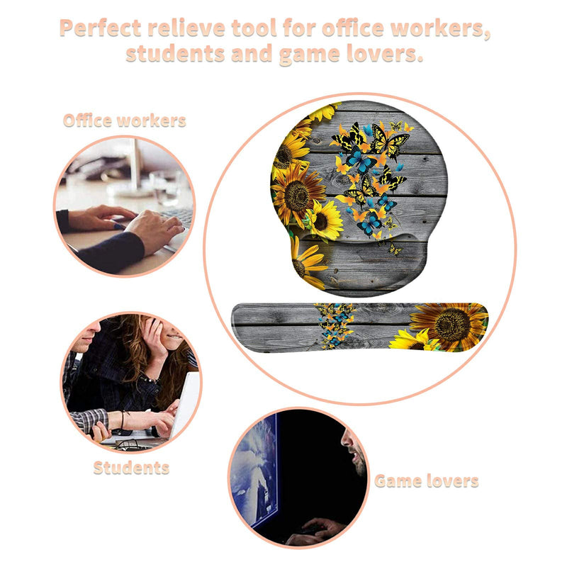 Keyboard Wrist Rest Pad and Mouse Pad Wrist Rest Support Set, Ergonomic Gaming Mousepad Durable Smooth Surface Non-Slip Base Sunflower Butterfly Design for Computer Laptop Home Office + Cute Coasters Yellow Sunflowers and Butterflies