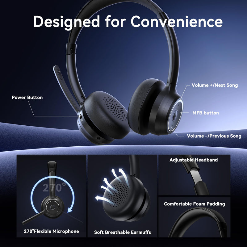 Gixxted (2026 Upgraded) Wireless Headset with Mic for Work, Bluetooth Headset with Noise Canceling Microphone, Wireless Headphones with Mic and USB Dongle and Mute, Fit for Computer/PC/Teams Black