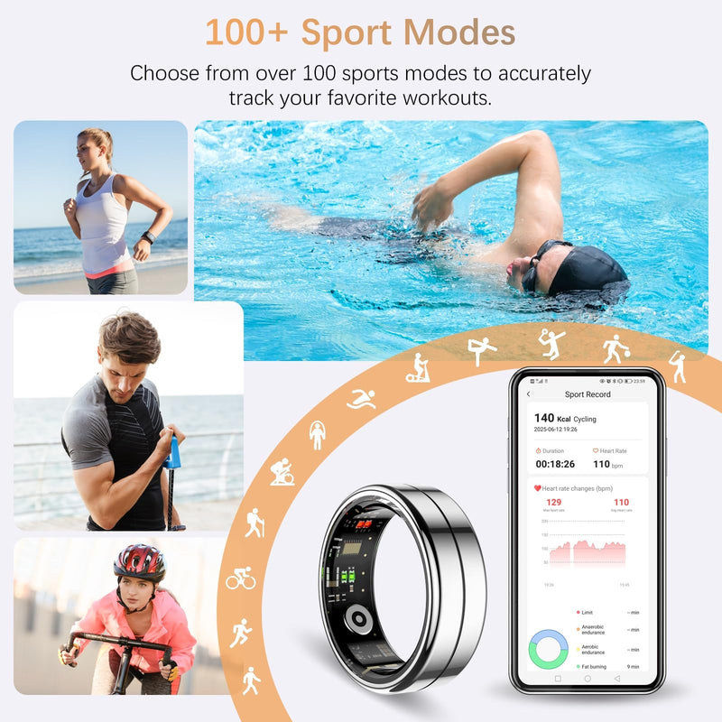 Fit Ring for Women Men, Ring Health Tracker with Heart Rate,Blood Oxygen,Heart Rate Variability, Stress, Sleep Monitor, Step Counter, Smart Ring for iPhone & Android, No Subscription Fee (Silver, 11#)