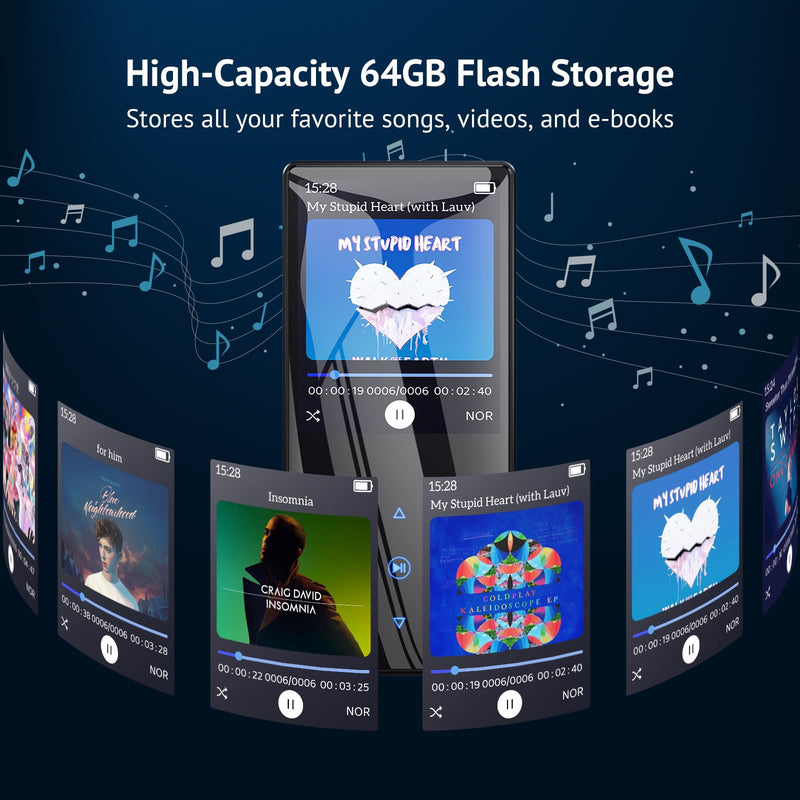 64GB MP3 Player with Boosted Bluetooth 5.0, Music Player Features HD Speaker, 2.4" Screen, Touch Buttons, Expandable SD Card Slot, Supports FM Radio, Voice Recording, E-Book, and More