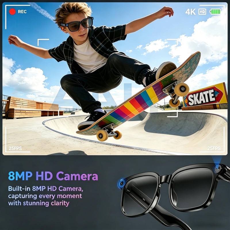AI Smart Glasses with Camera, 8MP 4K Video Recording, Black | 8MP 4K Camera with EIS, AI Real-Time Translation, UV400 Photochromic, IP65, Bluetooth 5.4 Open-Ear Audio, 42g Ultra-Light