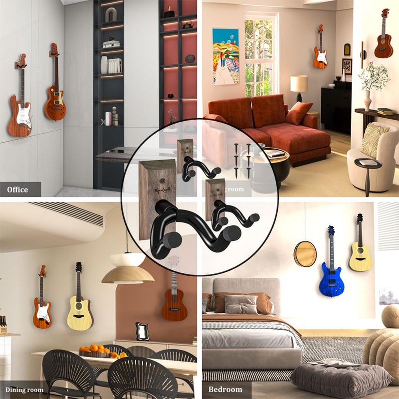 Guitar Wall Mount Hanger 3 Pack, Guitar Hanger,Black Walnut Guitar Hook Holder Stand for Acoustic Electric Bass Guitar Ukulele Mandolin at Home, Studio