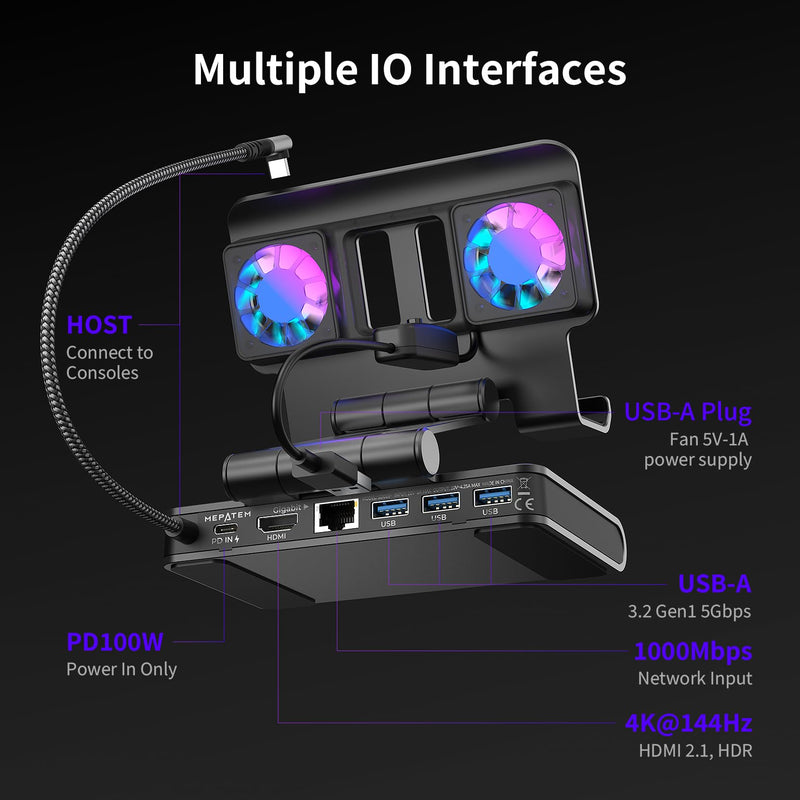 Adjustable Stand Steam Deck Docking Station with RGB Light Cooling Fan | 4K@60Hz, PD100W, Gigabit Ethernet Fit and HDMI for Steam Deck/ROG Ally X/Legion Go (S)/MSI Claw/Switch Non-Detachable Fan