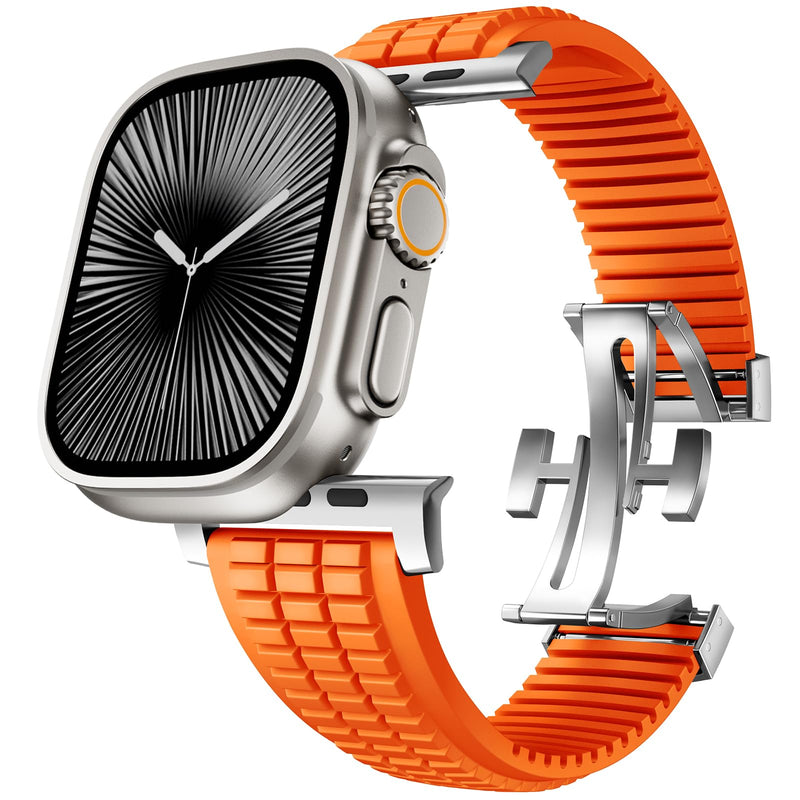 FKM Rubber Band Compatible with Apple Watch Ultra 2 Bands for Men 49mm 46mm 45mm 44mm, Luxury Rugged Silicone Strap with Metal Connector for iWatch Series 10 9 8 7 6 5 4 3 2 1 SE Orange-Silver 49mm/46mm/45mm/44mm/42mm(Series 3 2 1)