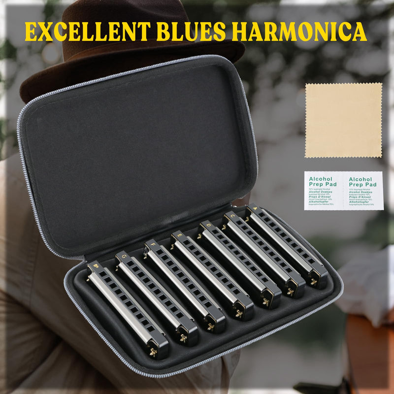 [AUSTRALIA] - EASTROCK Harmonica Set of 7, 10 Holes Blues Harp Mouth Organ Harmonica Set with 7 keys, C D E F G A Bb Key, Diatonic Harmonica for Professional Player, Beginner, Students gifts, Adult, Friends, Gift 7key-bk 