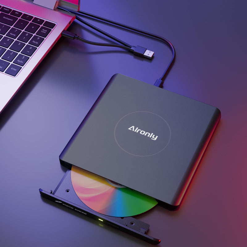 External CD/DVD Drive USB 3.0 Type-C Burner for Laptop Windows Mac | 8x DVD / 24x CD speed • USB‑A cable / USB‑C • Plug & play, no driver • Slim alloy, 0.5″ & 0.75 lb