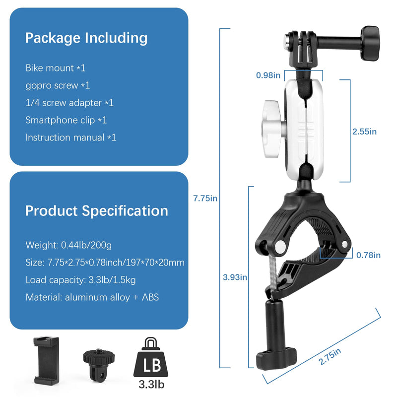 UTEBIT Camera Bike Mount Clamp with 360°Dual Ballhead Rotation,Bicycle Handlebar Clamp Mount Motorcycle Bracket Handlebar with Action Camera Mount Adapter, Compatible with GO PRO/Action Cameras/Phone