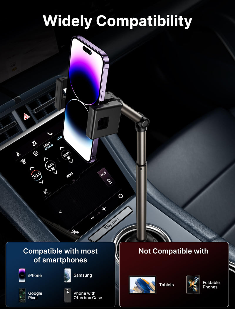 JSAUX Car Cup Holder Phone Mount, Metal Long Arm, Adjustable Base | Sturdy Metal Arm, Adjustable Height and Angle, Secure Phone Grip, Fits 2.17-4.33 in Car Cup Holders ClipMount