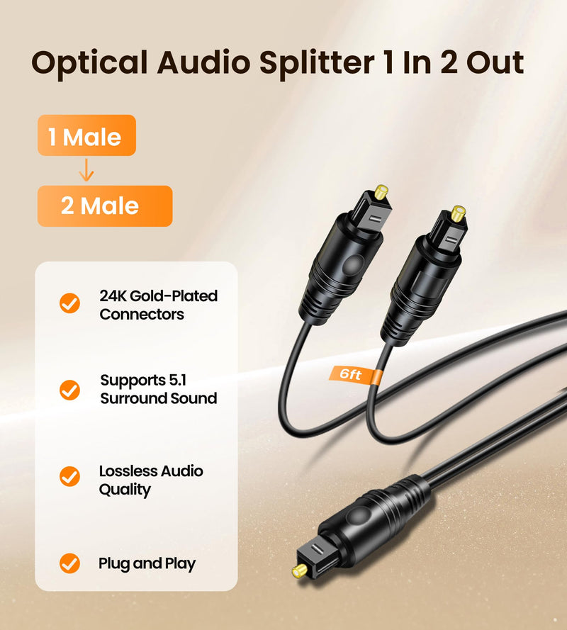 [AUSTRALIA] - avedio links Digital Audio Splitter 1 in 2 Out 6ft, Toslink Digital Fiber Optic Audio Splitter 1 Male Input 2 Male Output (for Home Theatre, Xbox, PS3/PS4) 1 Male 2 Male 6ft 
