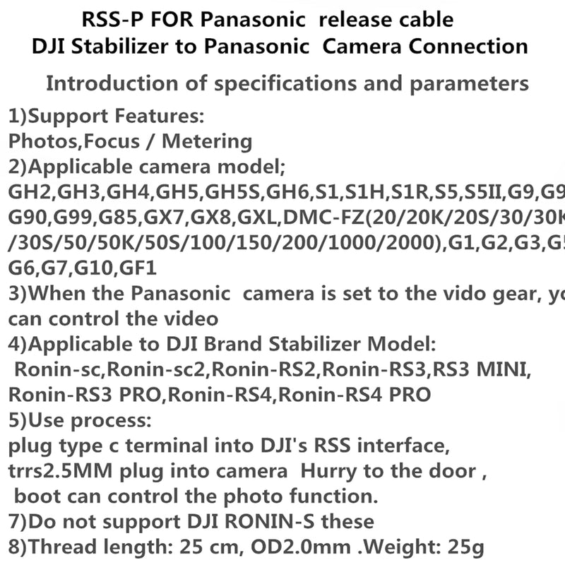 [AUSTRALIA] - RSS-P Camera Shutter Release Cable for Panasonic GH5S, GH5, G9, Compatible with DJI Ronin Stabilizer, TRRS 2.5mm Remote Control for Photo and Video 