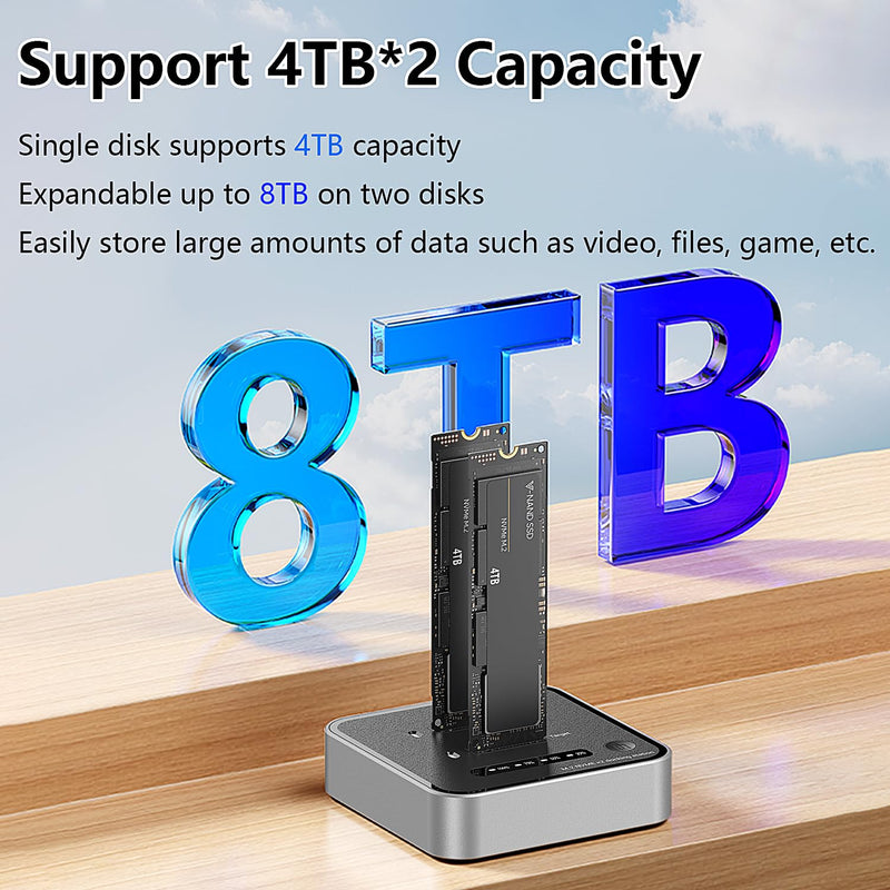 Dual-Bay M.2 NVMe SSD Enclosure, Offline Clone SSD Duplicator, 20Gbps Read/Write Expansion SSD Reader NVMe Enclosure, Tool-Free, Up to 8TB