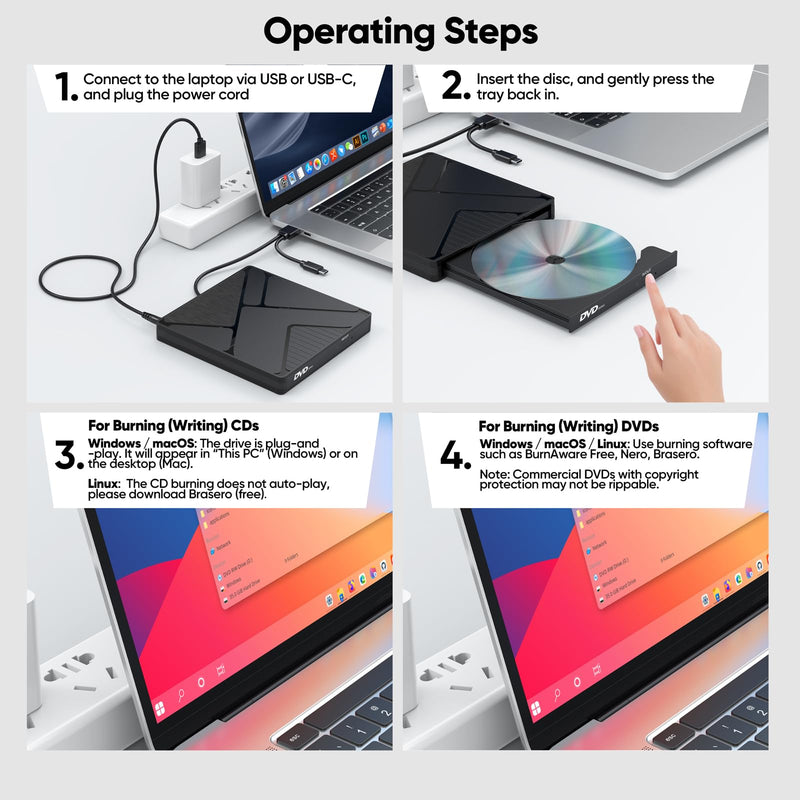 External DVD Drive, USB3.0/USBC DVD Player Reader Burner with Power Supply | for HP Lenovo Laptop MacBook Pro/Air/Neo mini PC, Win7/8/9/10 macOS Linux Black USB+USBC