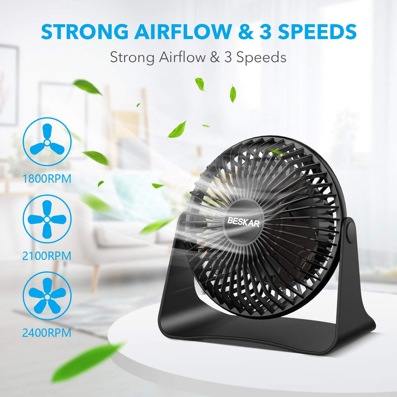 BESKAR USB Small Desk Fan - 6 Inch Portable Fans with 3 Speeds Strong Airflow, Quiet Operation and 360°Rotate, Personal Table Fan for Home,Office, Bedroom - 3.9 ft Cord Black