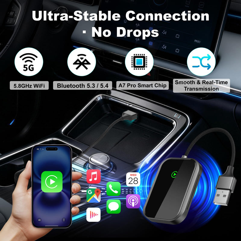Wireless CarPlay Adapter for iPhone, Apple CarPlay Wireless Adapter USB-C, Bluetooth Connection, Auto-Switch for Multiple iPhones, Fast & Stable, iOS 10+ (Phantom Black)