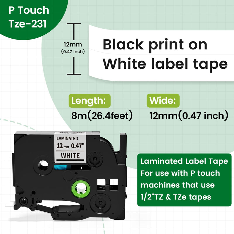 [AUSTRALIA] - Label Maker Tape Tze Tz Tape 12mm 0.47 Laminated White TZe-231 Replace for Brother P Touch Label Maker Tape TZ-231 AZe-231 Compatible with Brother Label Maker Refills PT-D210 PTH110 PTD220 PTD410, 6PK 1/2''(12MM) Black on White 