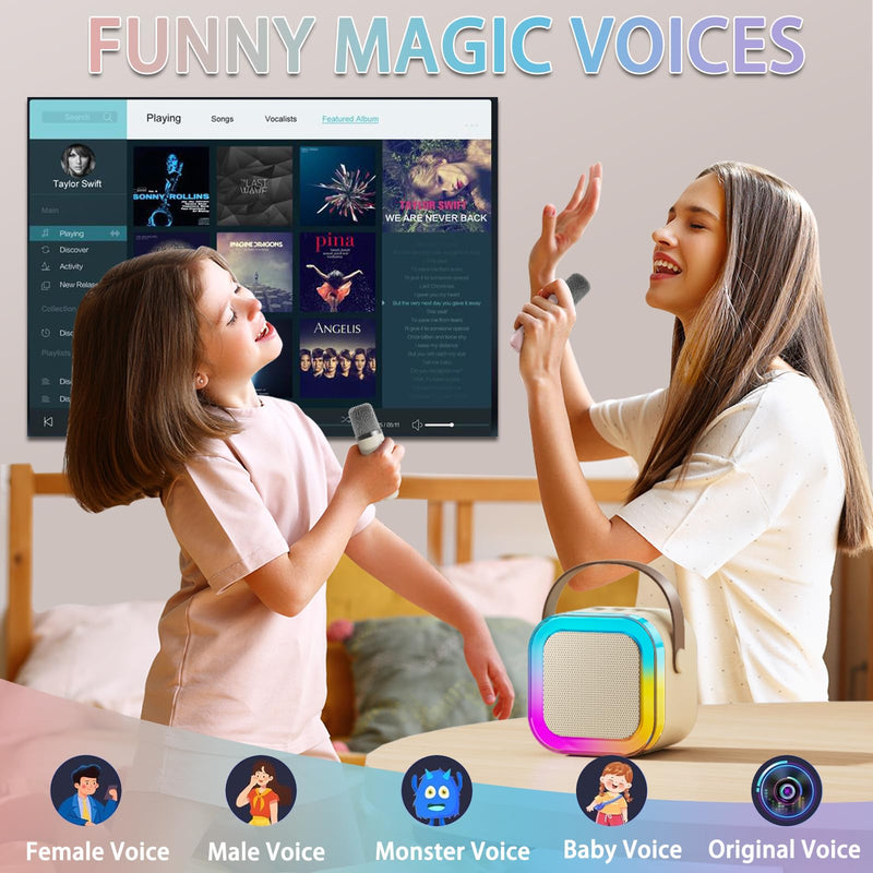 2024 Mini Karaoke Machine for Kids Adults, Portable Bluetooth Karaoke Speaker with 2 Wireless Microphones, Ideal Gifts for Girls Boys Age 4-12+, Perfect for Birthday Parties, Home, Outdoor beige