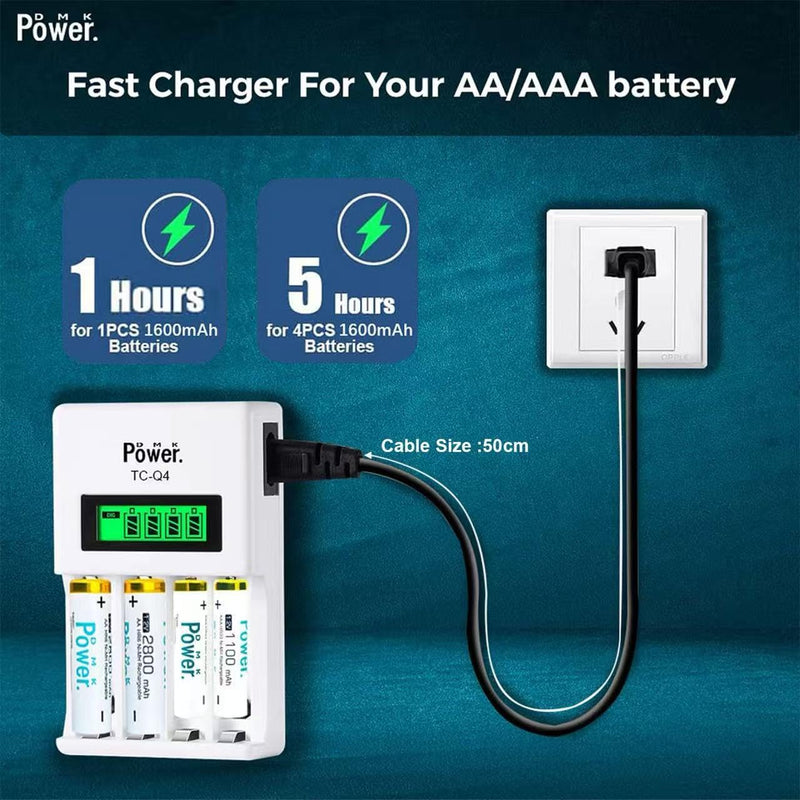 TC-Q4 Smart Quick LCD Charger Set for Photography & Video: Powers Speedlite Flash, Triggers, LED Lights, Camera Grips. 4x Pre-charged AA HR6 2800mAh Batteries & 4-Slot Fast Charger w 100cm/40‘’ Cable AA WHITE 2800MAH (4 PIECES) AND TC-Q4 CHARGER