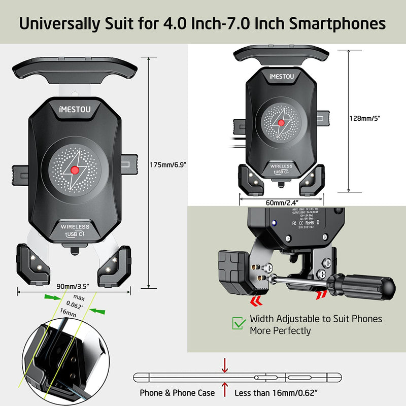 iMESTOU Anti-Theft Motorcycle Wireless Phone Mount Charger 15W & USB C 3A Handlebar 1" Ball Phone Holder Works with 12V/24V Vehicle/USB A Socket 720 Rotation Quick Charge for 4.0-7.0" Cellphones Double Socket Arm-Wireless & USB C Charge