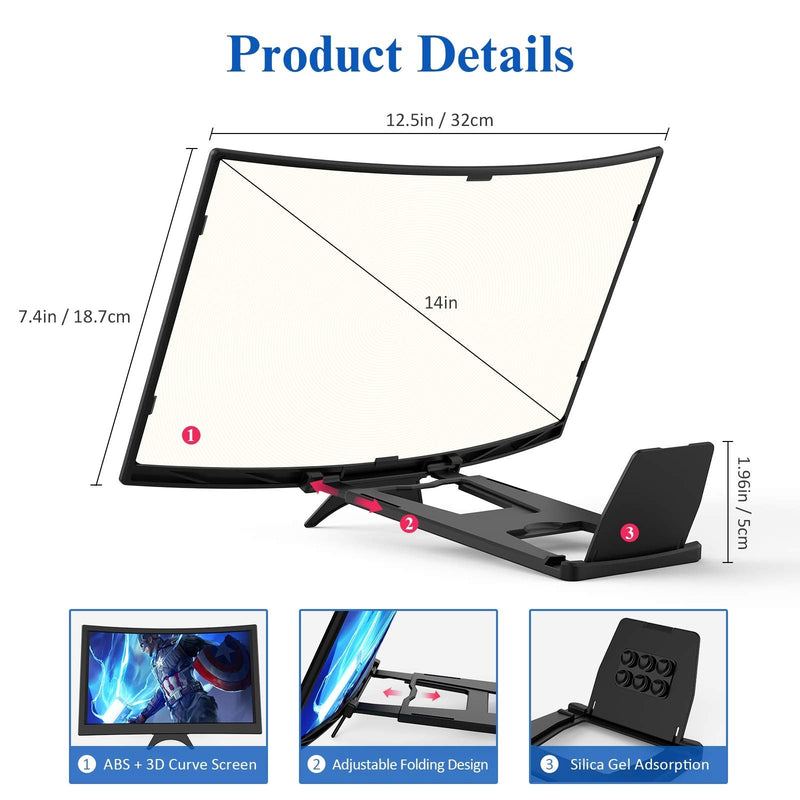 14" Curved Screen Magnifier for Cell Phone -3D HD Magnifing Projector Screen Enlarger for Movies, Videos, and Gaming – Foldable Phone Stand Holder with Screen Amplifier–Compatible with All Smartphones