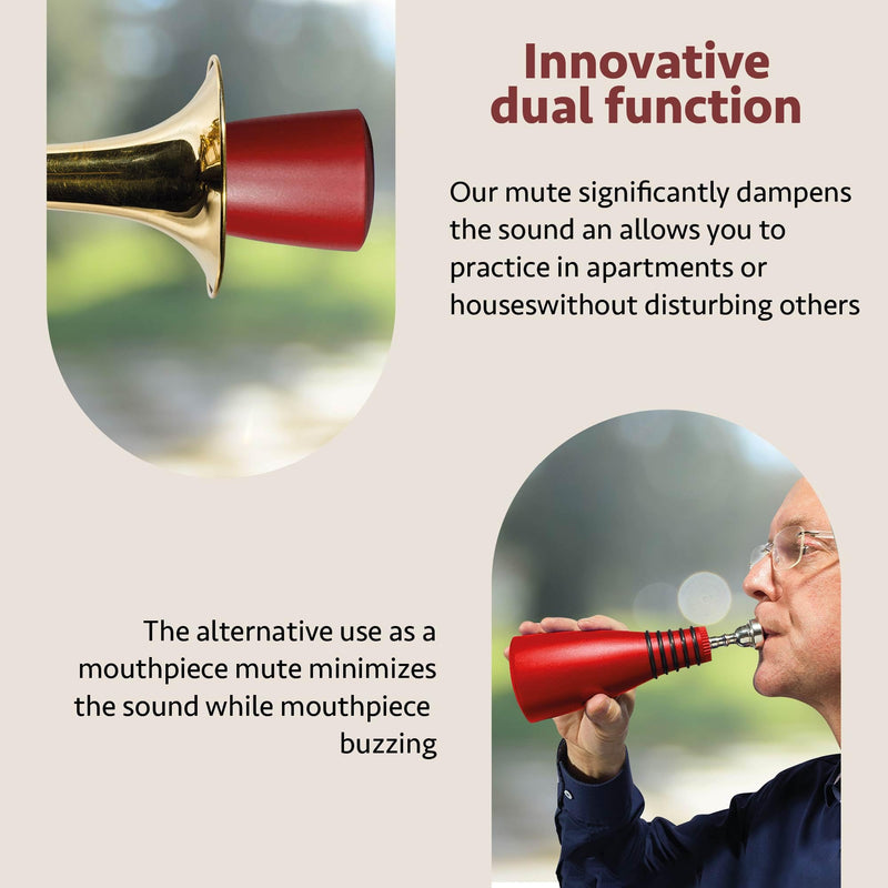 GERMAN BRASS PRODUCTIONS trumpet mute | silencer with dual function as practice and mouthpiece mute for trumpet | adaptable for all trumpets | trumpet accessories made in Germany | Red