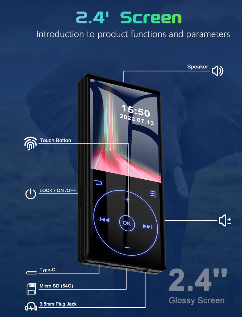 [AUSTRALIA] - 96GB MP3 Player with Bluetooth 5.0: Portable Lossless Sound Music Player with HD Speaker,2.4" Screen Voice Recorder,FM Radio,Touch Buttons,Support up to 64GB for Sport(Earphones&64GB TF Card Included) 