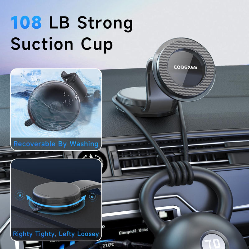 Anti-Shake Vacuum Suction Cup Phone Mount - 108LBS, Magnetic Car Mount, Bendable Car Phone Holder for Windshield Dashboard,Memory Alloy Arm, Car Accessories for iPhone 17/16/15，Texture Black Texture Black