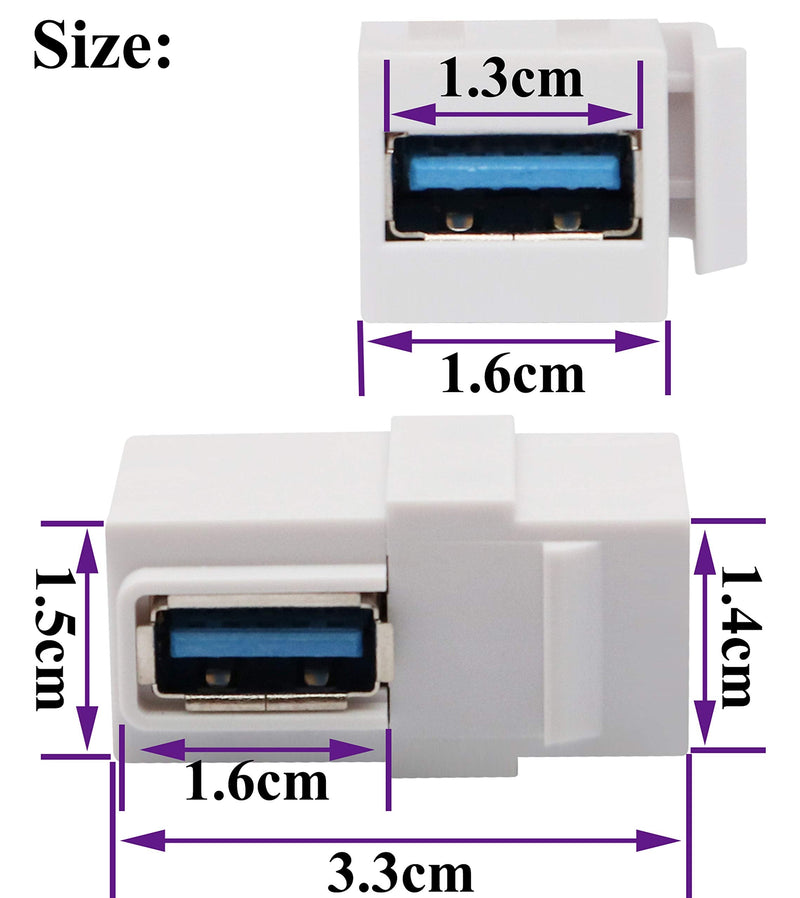 AAOTOKK 90 Degree USB Keystone Coupler Right Angle USB 3.0 A Keystone Jack Insert Female to Female Coupler Adapter for Wall Plate Outlet Panel (White/2 Pack) 2 Pack 90 Degree White