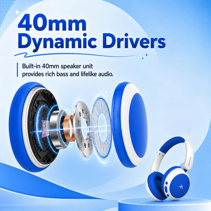 Kids Wireless Headphones,Over-Ear Headset for Boys | Active Noise Cancelling, 58H Playtime, Safe Volume, 3.5mm Wired Option for iPad/Tablet,School,Travel Blue