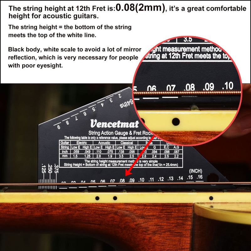 Guitar String Action Gauge, String Height Ruler, Guitar Fret Rocker, Fret Leveling Guide, Buzzing Fret Catcher, 1mm Thickness, Laser Etching, High Precision Graduations,Luthier Tools