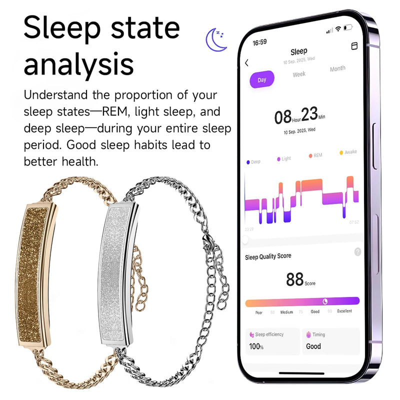 Yihou Elegant Smart Bracelet for Couples Glitter Design Health Monitoring Heart Rate Monitor Sleep Tracker Menstrual Cycle 5ATM Waterproof Fitness Tracker Remote Camera Control Long Battery Life Black