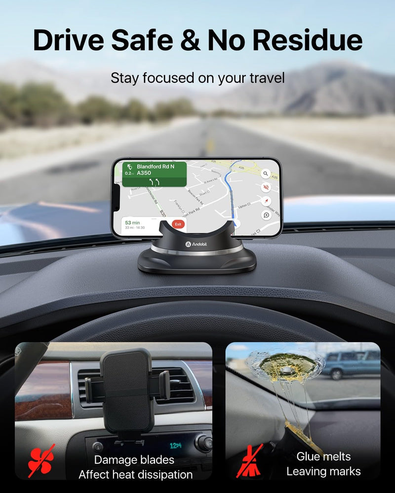 andobil 2026 Upgraded Car Phone Holder Mount, Ultra Stable & Silicone Phone Holders for Your Car 360° Rotatable Dashboard Cell Phone Holder Mount for iPhone 17 Pro Max/16/15/14/13/12/ Samsung Black