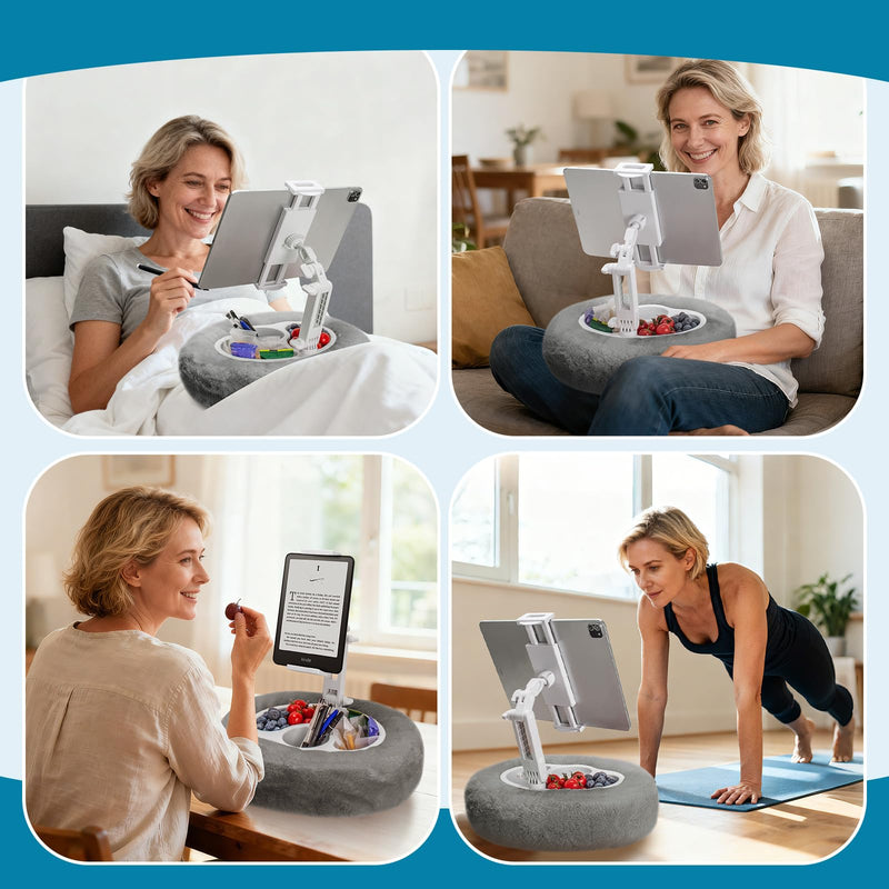 Tablet Pillow Stand, 360° Rotating Kindle Holder for Bed and Sofa Use | Hands-Free iPad Holder with Integrated 3-Compartment Tray, Phone Holder Featuring Washable Plush Cover, Fits 4.7-13" Devices