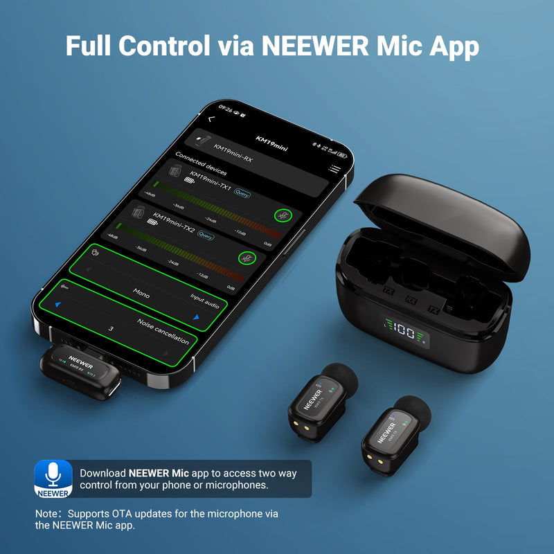 [AUSTRALIA] - NEEWER KM19 Lightweight Wireless Lapel Microphone, 48kHz/24bit 30H Battery 3-Level Noise Cancelling Mute Stereo 100m Range Mini Lav Mic with App Control, Compatible with iPhone Android Phone PC 