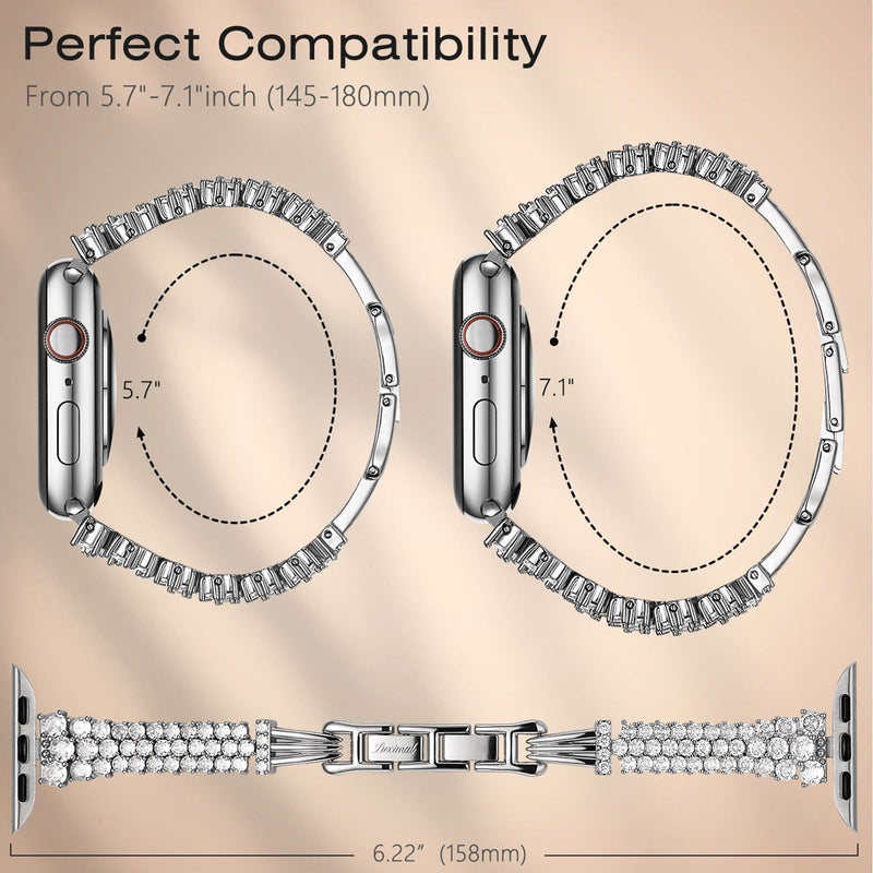 Zircon Gems Bling Strap Compatible for Apple Watch Bands Women, Premium Bronze Metal Watch Bands Compatible with iWatch Series 9 8 7 6 5 4 3 2 1 SE 38mm 40mm 41mm 42mm 44mm 45mm (Diamond/Silver, 42mm(Series 10)/41mm/40mm/38mm) Diamond/Silver