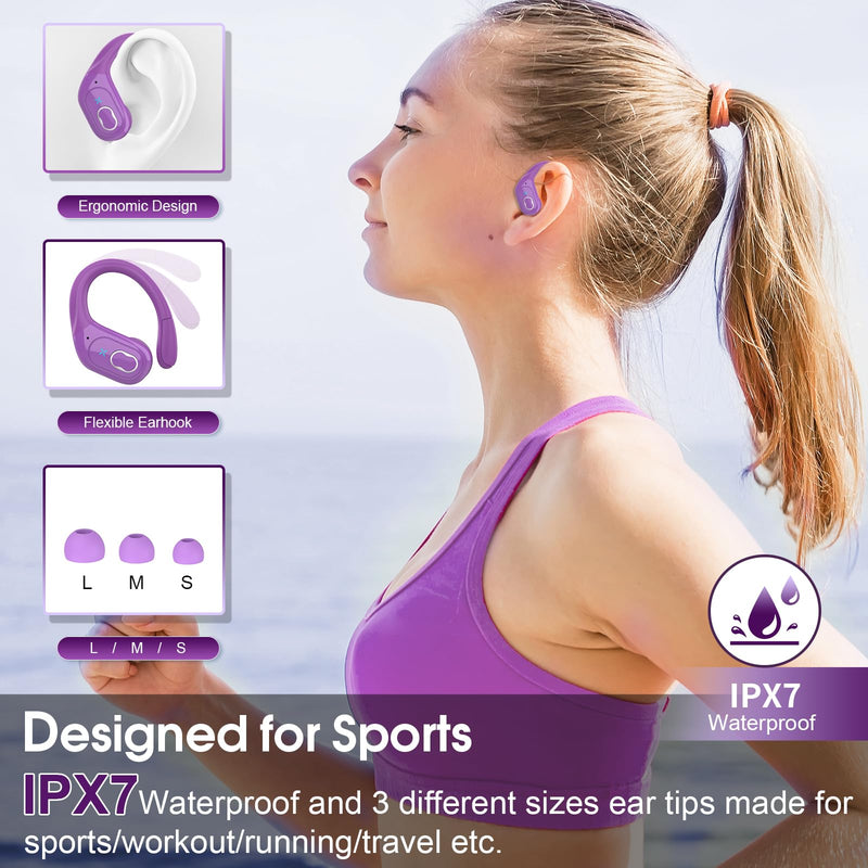 Aptkdoe 2 Sets Wireless Earbuds Sport, Bluetooth 5.4 Over Ear Buds Stereo Deep Bass Over Ear Bud with Earhooks, 75H Wireless Earphones with Mic, IPX7 Waterproof Earphone for Sports Black+Purple