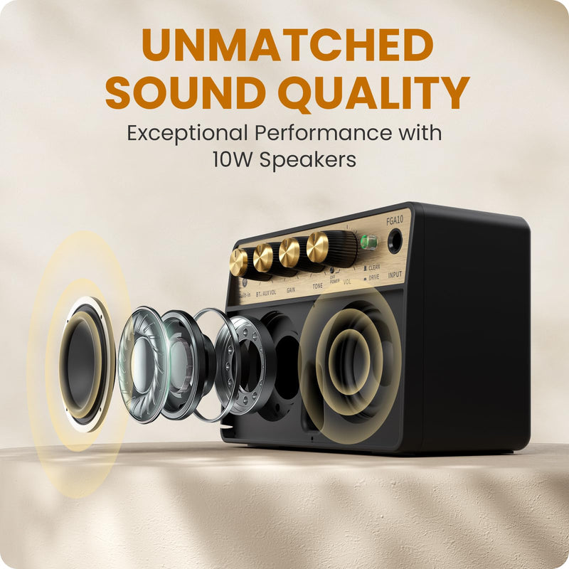Fesley Mini Guitar Amp: 10W Portable Recharged Guitar Amplifier, Bluetooth Amp with Clean and Drive Channels, Mini Amplificador for Practice with 3.5mm Headphone Output, FGA10