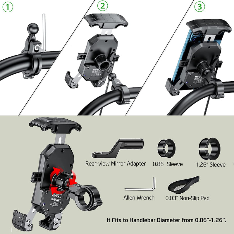 iMESTOU Motorcycle Wireless Phone Mount Charger -Motorcycle USB C 3.0 Phone Holder Qi 15W by Wiring/Plugging to USB A Socket Aluminium Handlebar Base Waterproof for 4-7" Cellphones