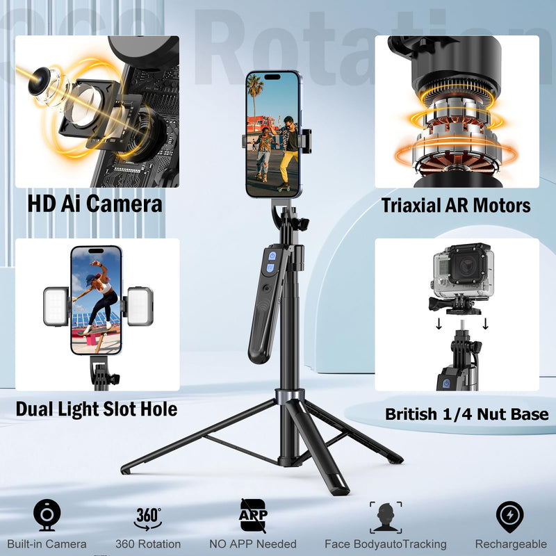 Auto Face Tracking Tripod 360 Rotation with Stand, No App,Phone Camera Holder with Remote and Gesture Control, Built-in Tracking Camera Selfie Stick for Live Vlog Streaming Video Tiktok