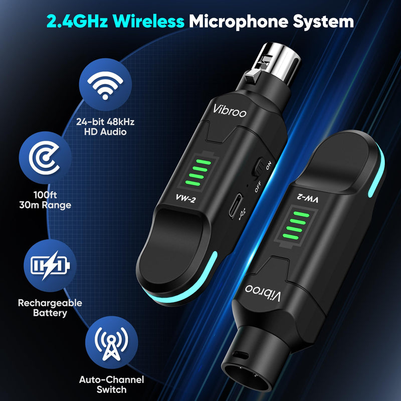 Wireless XLR Transmitter and Receiver - 2.4GHz Wireless Microphone System, 100ft Range, 48V Phantom Power, Ultra-Low Latency for Live Performance, Streaming, Recording