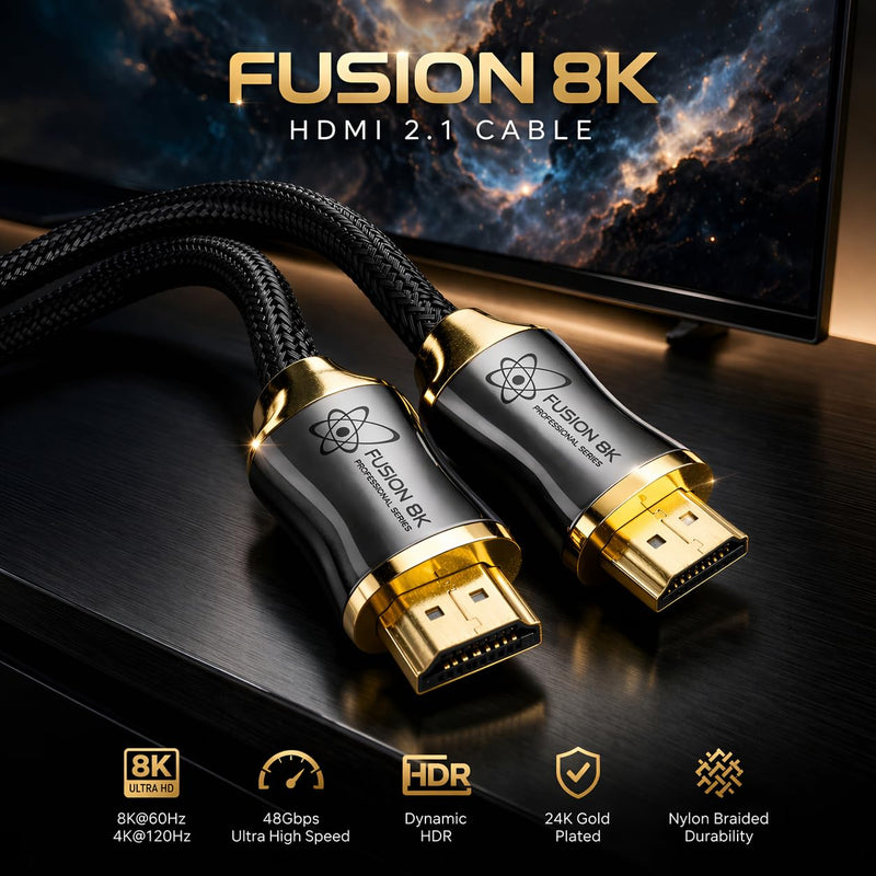 Fusion8K Certified HDMI 2.1 Cable 48Gbps 3ft - 10K 8K@60Hz 4K@120Hz 144Hz | eARC HDR10 Dolby Vision HDCP 2.3 | Braided Cord for PS5, Xbox Series X, Apple TV 4K, Roku, OLED TV 3 Feet