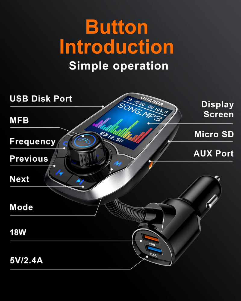 Upgraded Bluetooth 5.3 FM Transmitter for Car, Wireless Radio Adapter Kit W 1.8" Color Display Hands-Free Call AUX in/Out SD/TF Card USB Fast Charging 18W for All Smartphones Audio Players - Pewter 18W/5V-Pewter