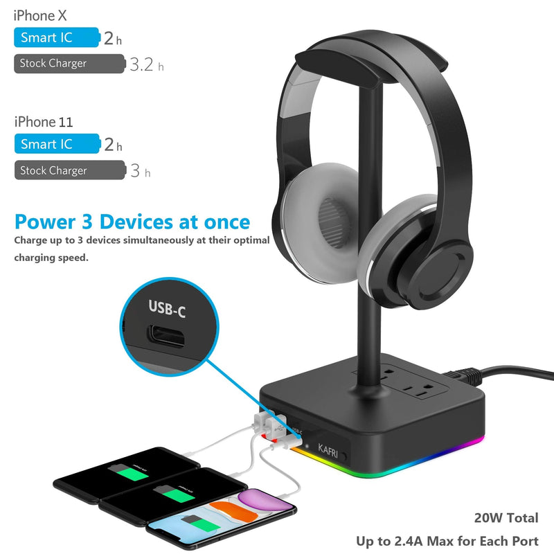 KAFRI RGB Headphone Stand with USB A&C Charger Desk Gaming Headset Holder Hanger Rack with 3 USB Charging Port and 2 Outlet - Suitable for Gamer Desktop Table Game Earphone Accessories Boyfriend Gifts A-ONE STAND