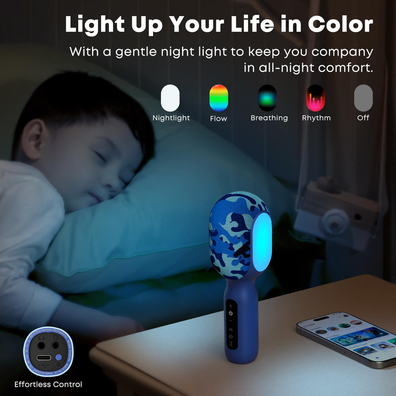 Karaoke Microphone Wireless Bluetooth with Speaker, Portable Handheld Mic for Kid Adult, 6 Voice Changer & 4 LED Light Effects, Singing Microphone with Speech Mode, Birthday Gift for Girls Boys Teens Blue
