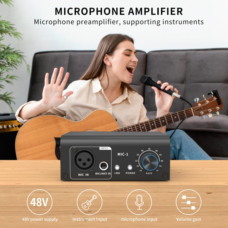 XTUGA XIC1 Microphone Preamp for Dynamic and Condenser Microphones Booster with 2 Input Max 75db Gain 48V Phantom Power XLR Output